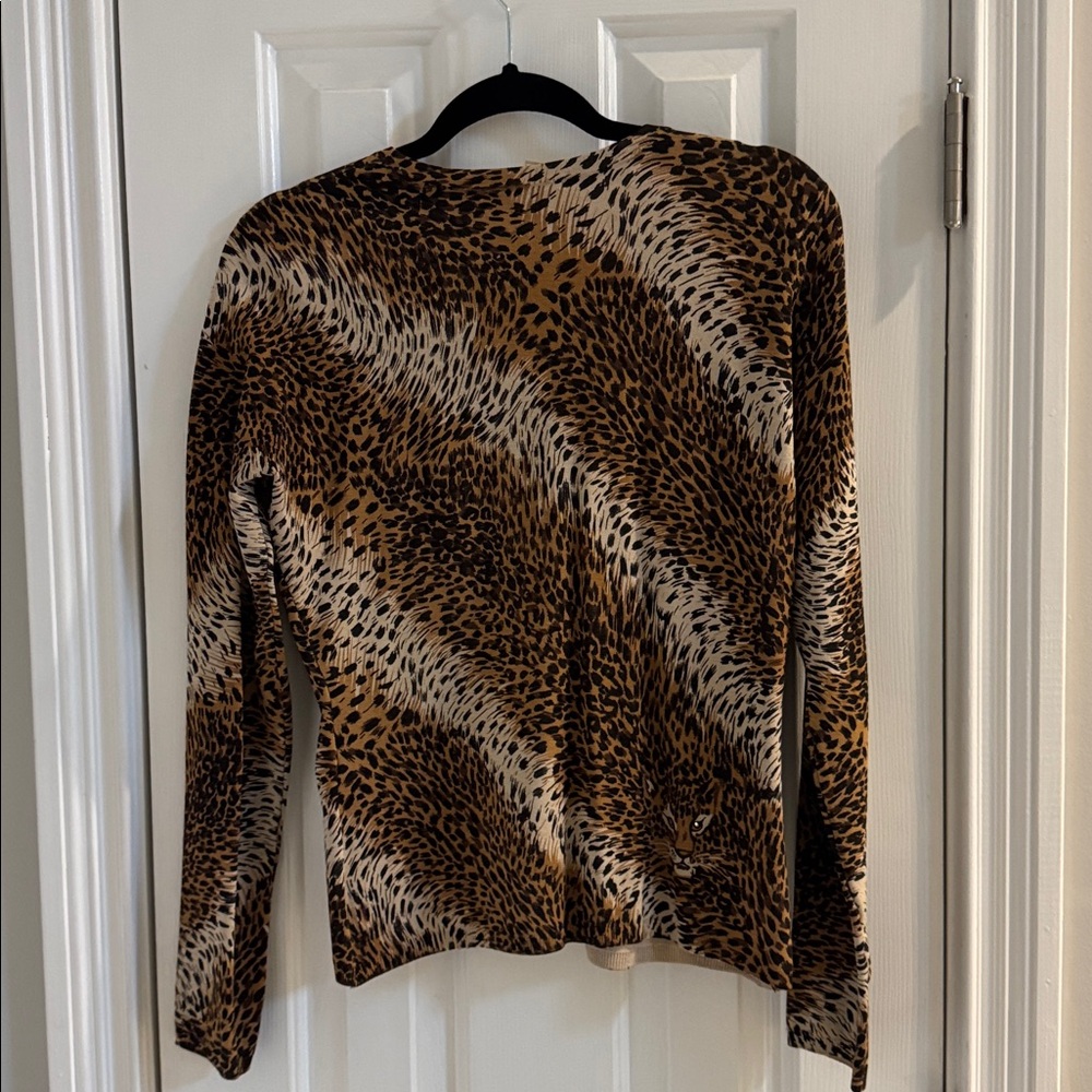 Caché Vintage Leopard Silk Blend Cardigan & Top w/ Leopard Face & Crystal Eyes - Picture 7 of 12